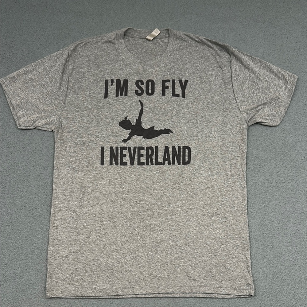 Unisex Gray Graphic T-Shirt | Size Large | “I’m So Fly I Never Land” | Peter Pan
